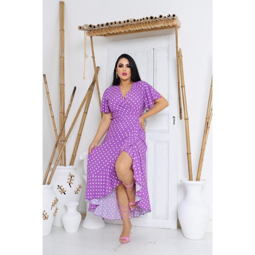 Vestido longo envelope traspassado estampa bolinhas manga curta