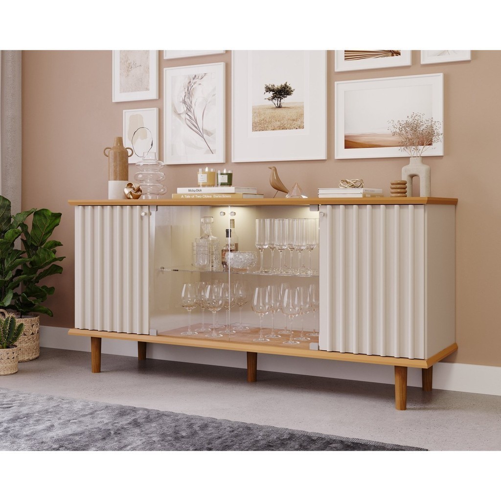 Buffet para Sala de Jantar 4 Portas com LED e Pés em Madeira Maciça Janice Nature/Off White - Home & Living
