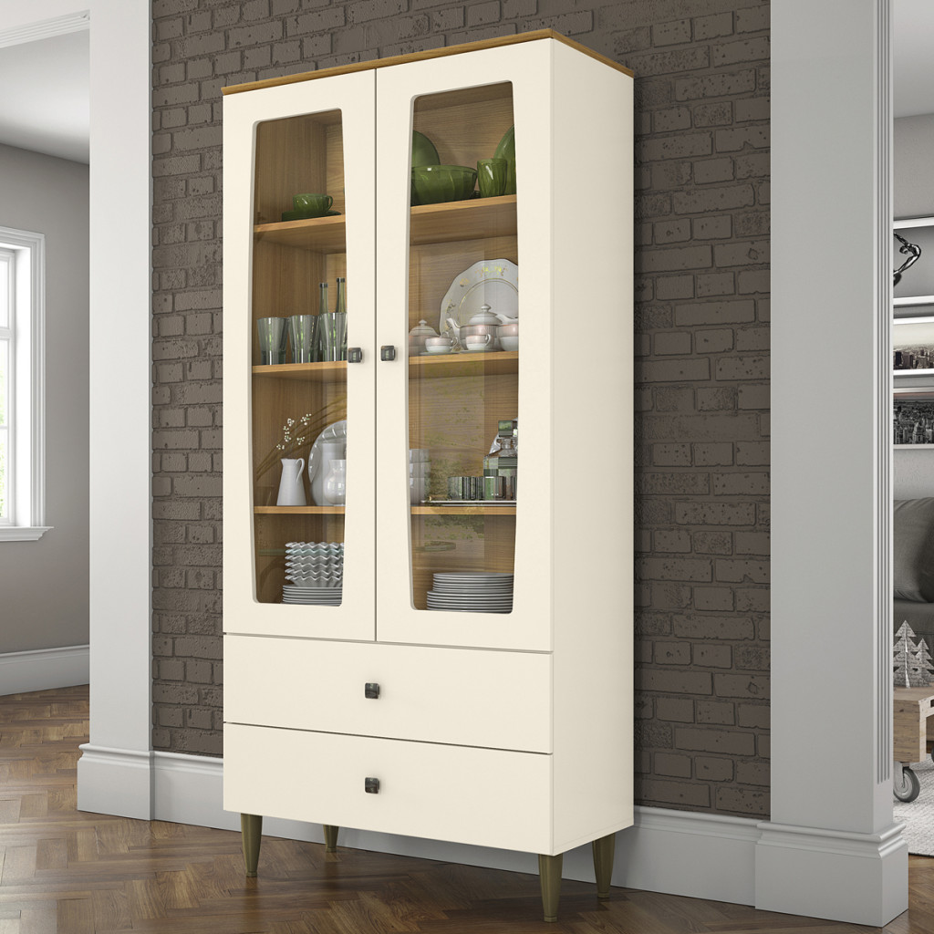 Cristaleira Liz 2 Portas 2 Gavetas Off White/Nature - Henn em Oferta na Shopee