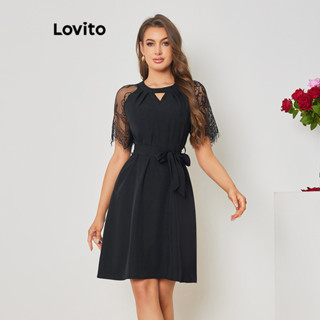 Lovito Elegante Vestido Feminino Liso com Renda e Laço Frontal LBL08369
