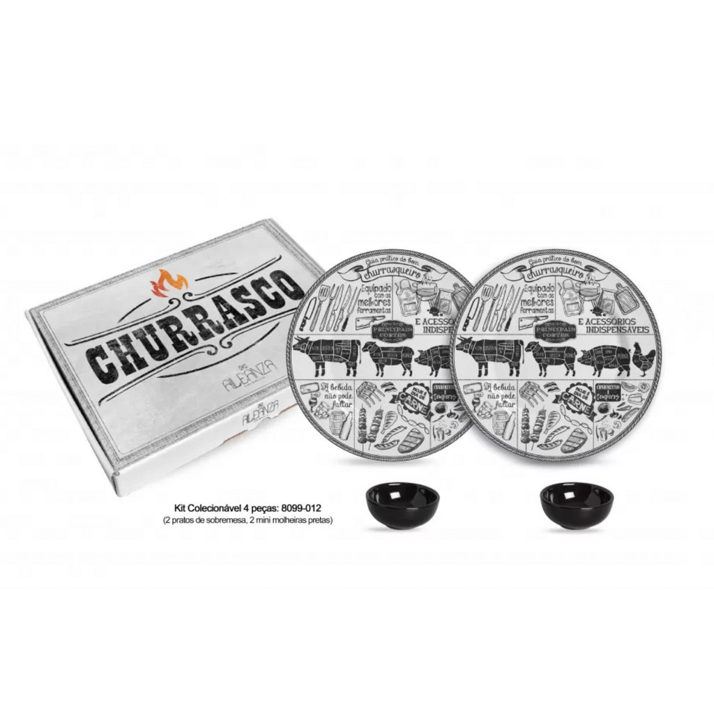 Jogo De Jantar Churrasco Kit Pratos Cerâmica e Molheira 4pcs Alleanza - Home & Living