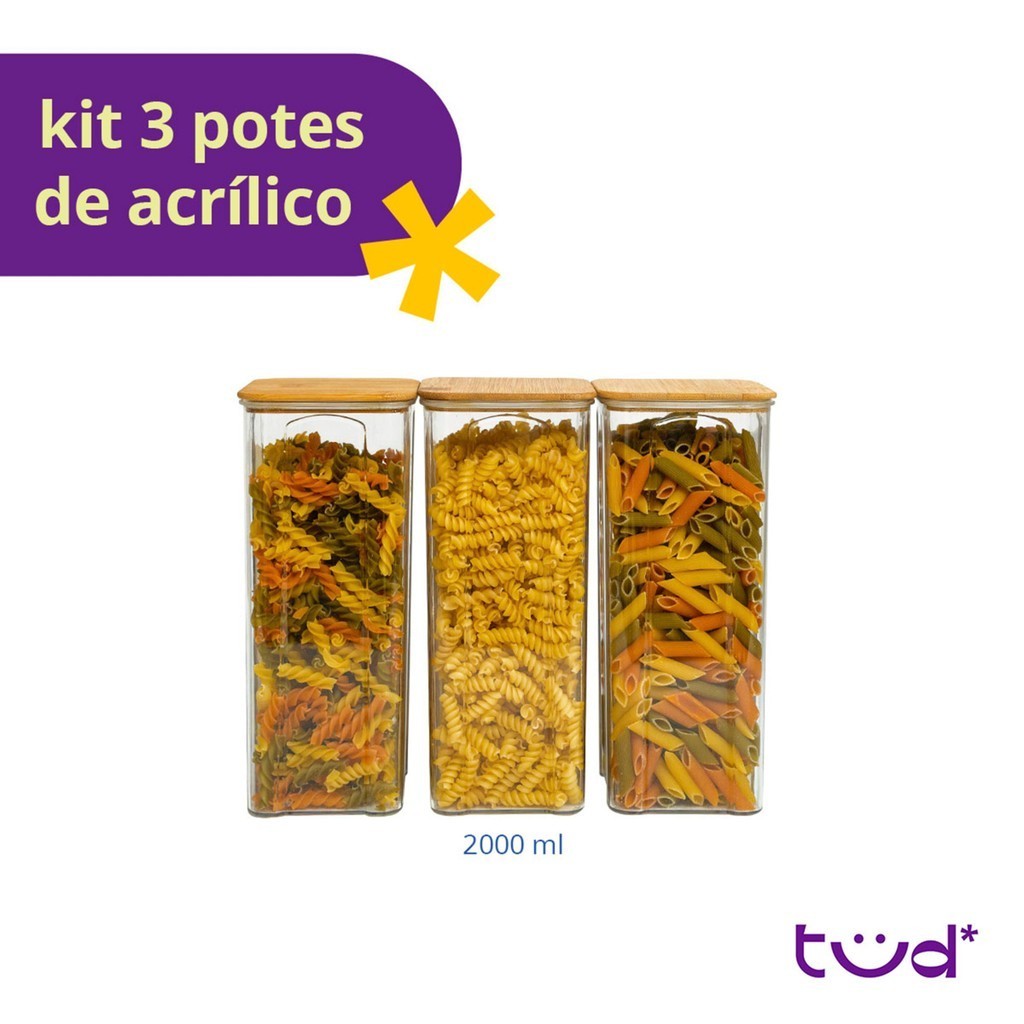 Detalhes do Kit 3 potes de acrílico 2L com tampa herméticos quadrados - Tud