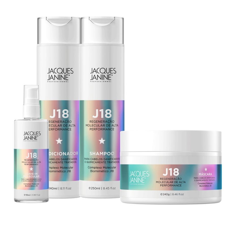 Kit Jacques Janine J18 Shampoo Condicionador 240ml Máscara Hidratação 240g Leave-In Termoativo 118ml em Oferta na Shopee