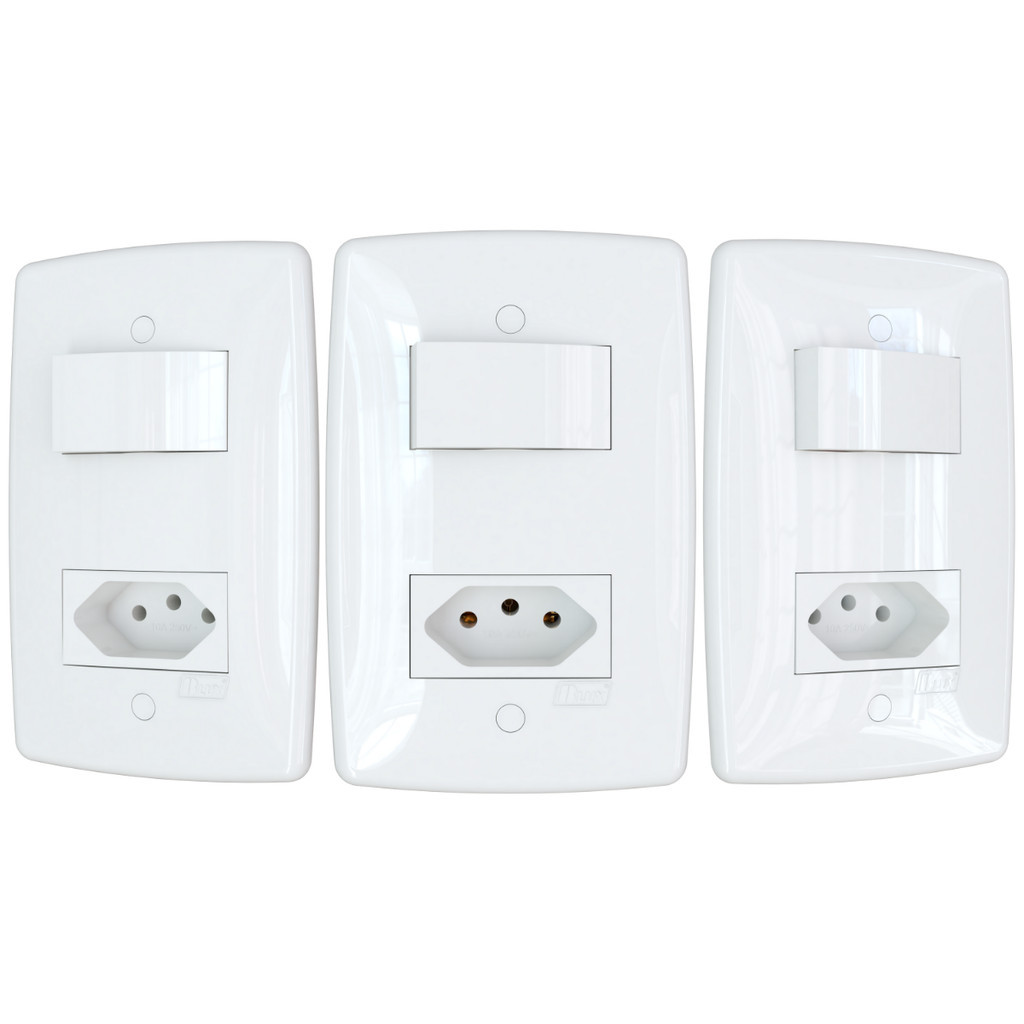 3 Interruptores simples com tomada 10A Branco Finesse+ B.lux