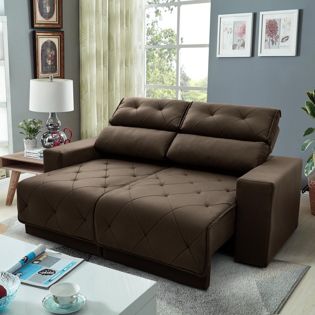 Sofá Retrátil Reclinável Belga 2,00m Suede Velut Marrom Molas no Assento
