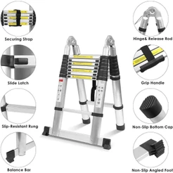 Escada de Aluminio Telescopica Articulada 5 Metros Reta ou Dobravel Extensiva Degraus Profissional