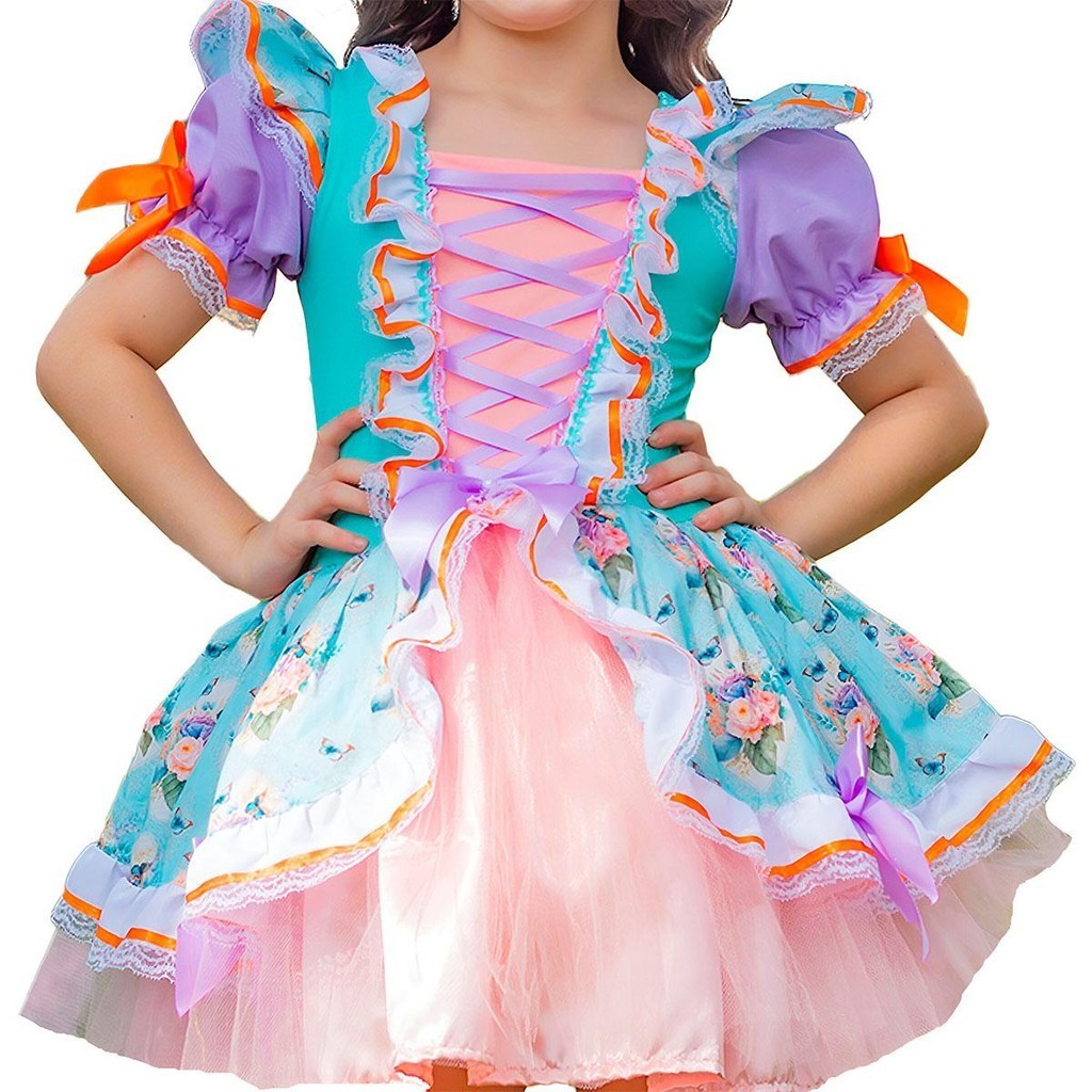 Vestido Infantil Festa Junina Super Luxo Roupa Caipira pra Menina Floral Tiffany Com Chapeuzinho de Palha