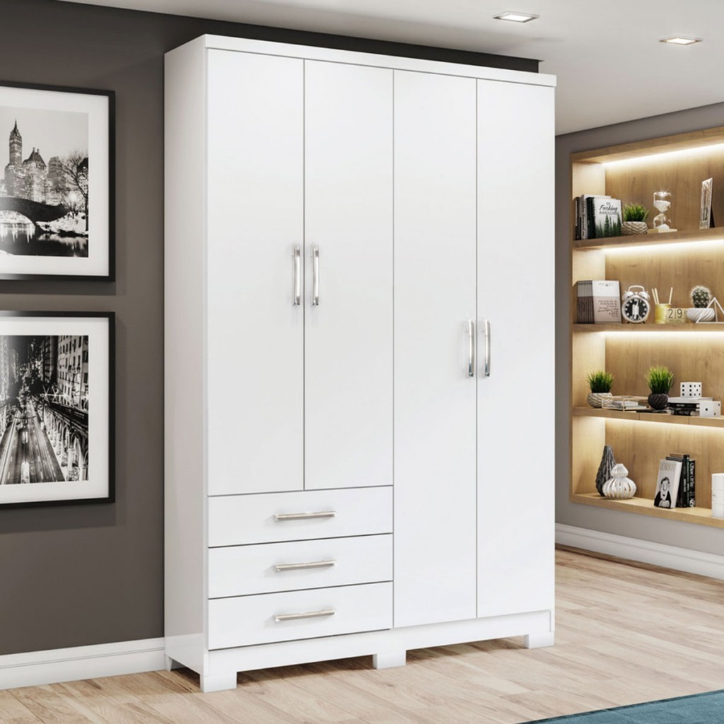 Guarda-Roupa Solteiro Caju 4 Portas 3 Gavetas Branco - Henn em Oferta na Shopee