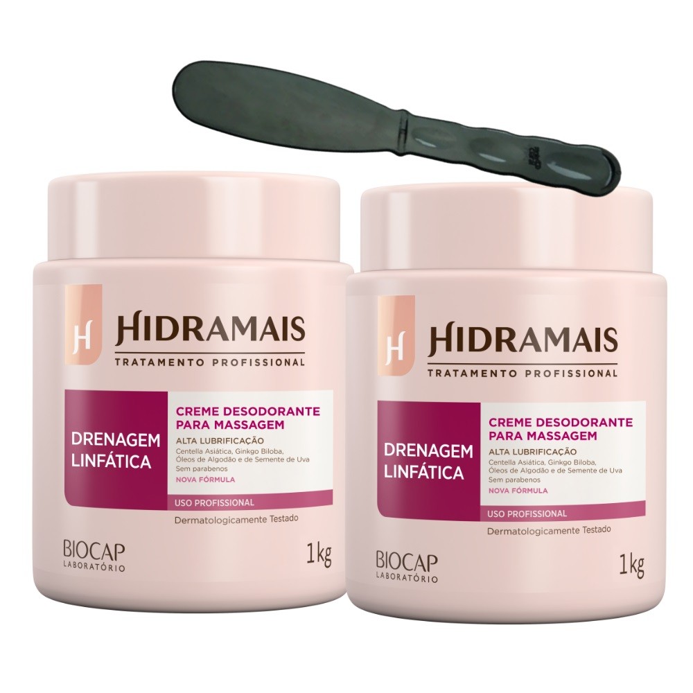 2un Creme Massagem Drenagem Linfática 1KG Hidramais+Espátula