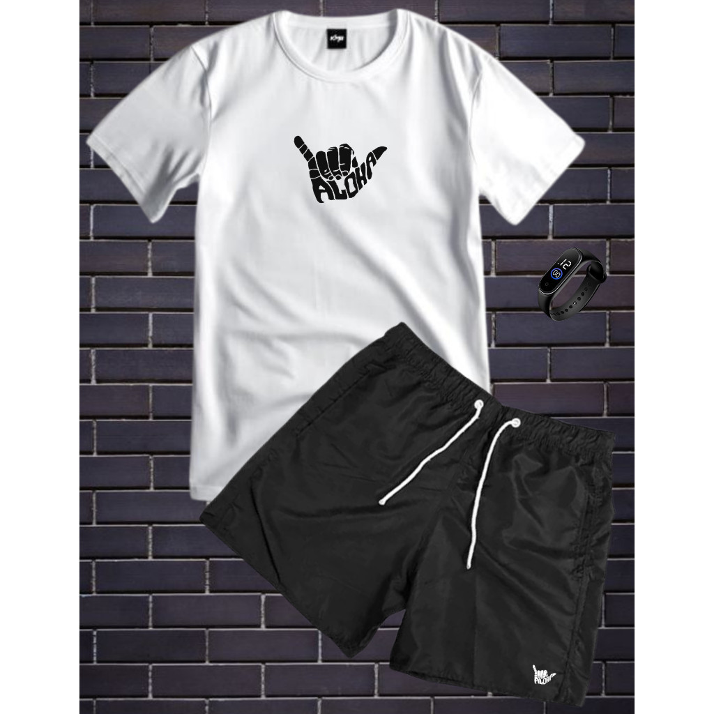 Conjunto masculino Estampado ALOHA Camisa 100% algodão Bermuda Tactel Relógio digital Academia Esporte
