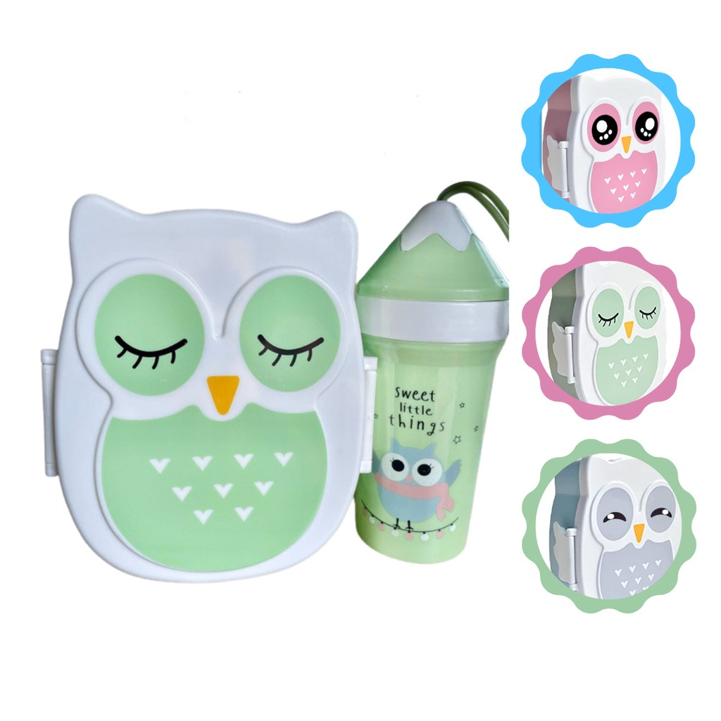 Kit Lancheira/Marmita Infantil Coruja com Divisórias, Copo Infantil Colorido 300 ml, Talher, Adesivo