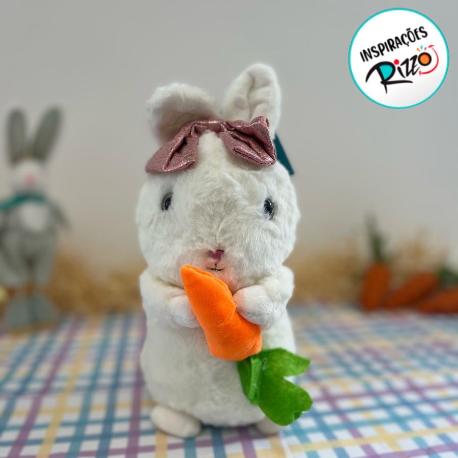 Coelho de Pelúcia Branco Segurando Cenoura com Laço Rosa - 25cm - 1 unidade - Rizzo em Oferta na Shopee