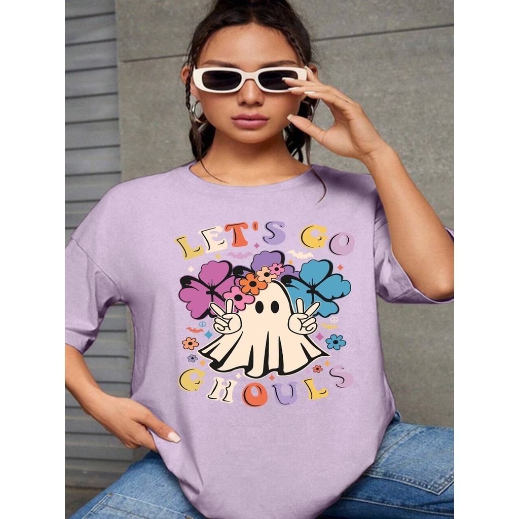 Blusa Lilás Feminina Oversized Aesthetic Básica T Shirt Desenho Abstrato Old School Fantasma Flores