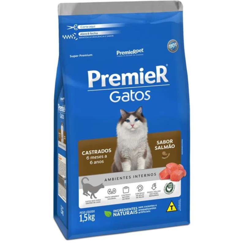 Ração PremieR Ambientes Internos gatos castrados até 6 anos salmão 1,5kg - Pets