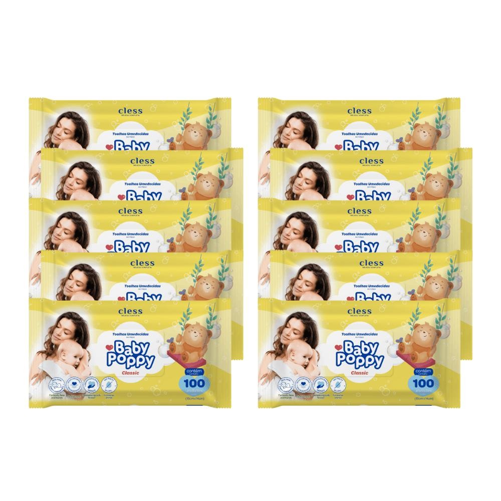 Kit Lenço Umedecido Baby Poppy Classic 1000 lenços (10x100) em Oferta na Shopee