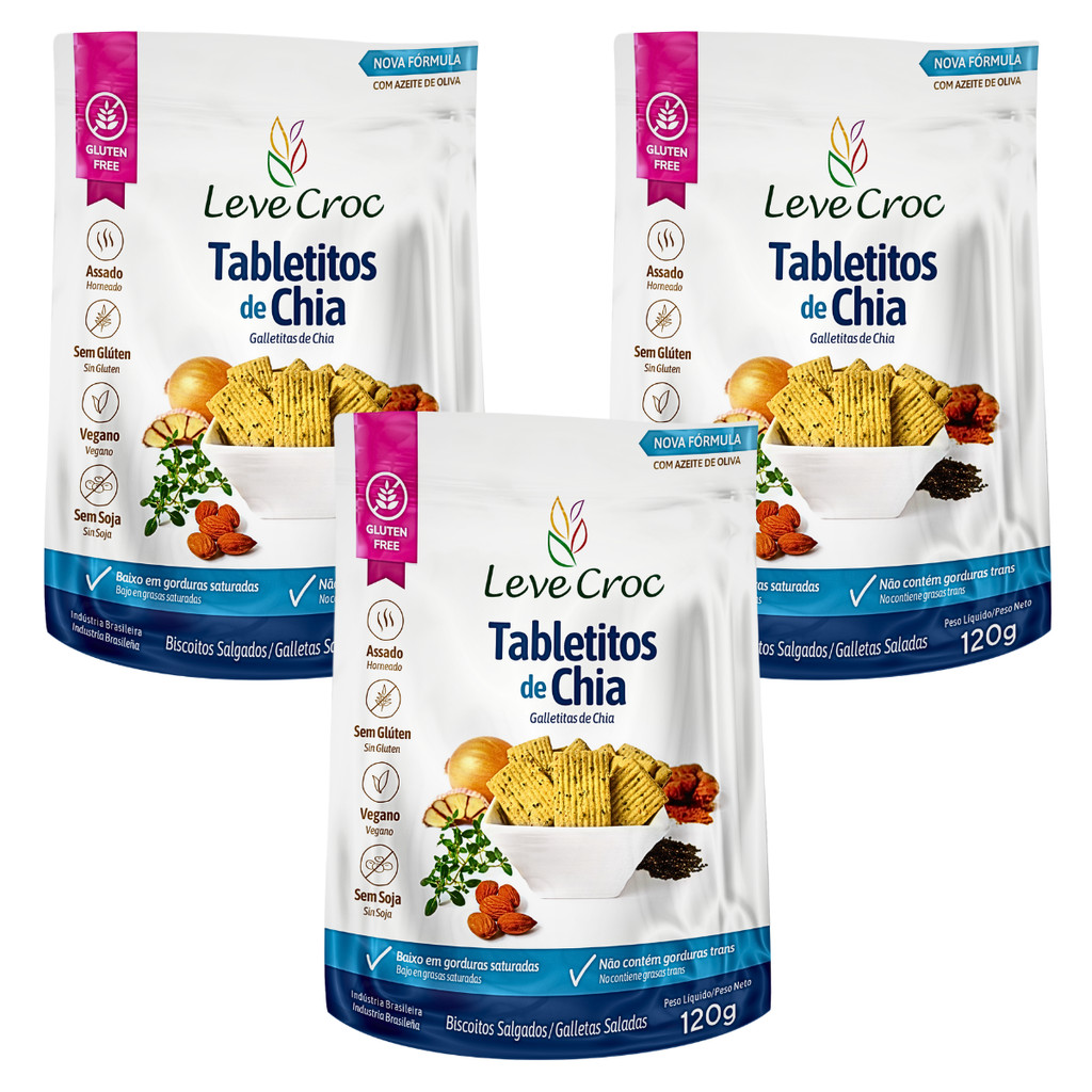 Kit 3 Biscoito Tabletitos Salgado Chia 120g  Leve Croc