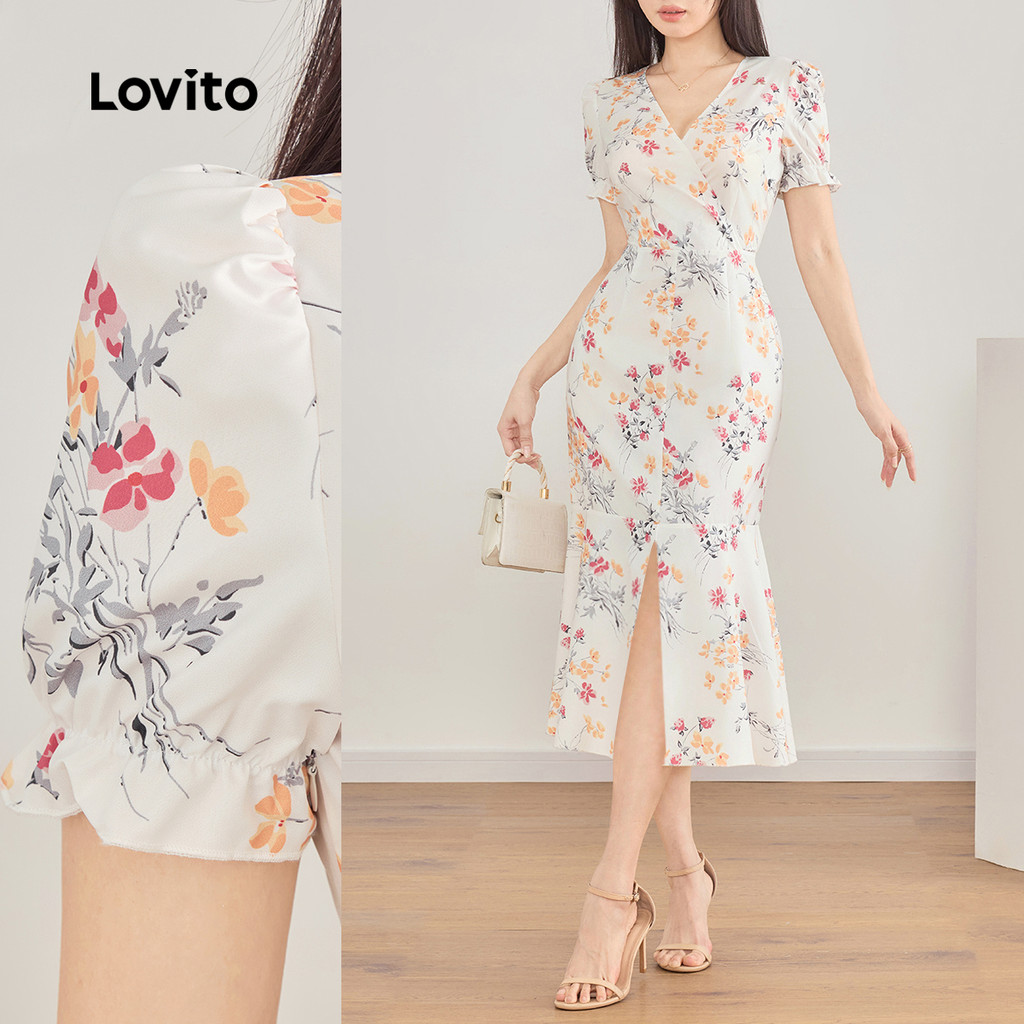 Lovito Vestido elegante Ditsy Floral dividido com babados e bainha para mulheres L123ED477 - Women Clothes