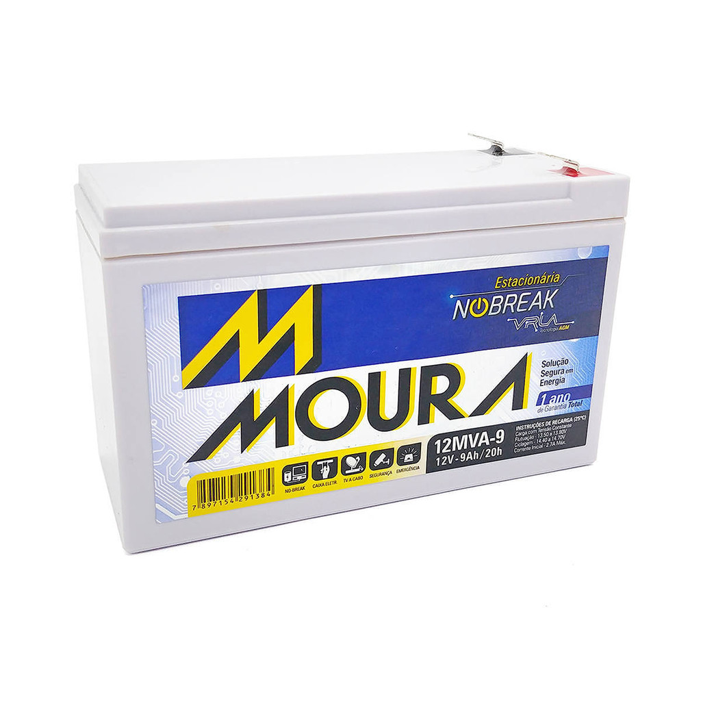 Bateria Estacionária Moura 12V 9Ah VRLA AGM 12MVA-9 para Nobreak Alarme Telecom Segurança