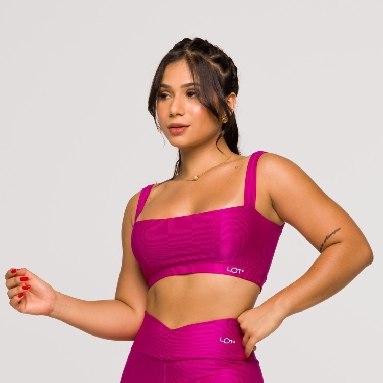 Top Feminino Rosa Fúcsia Fitness Poliamida Academia Decote Reto Crossfit