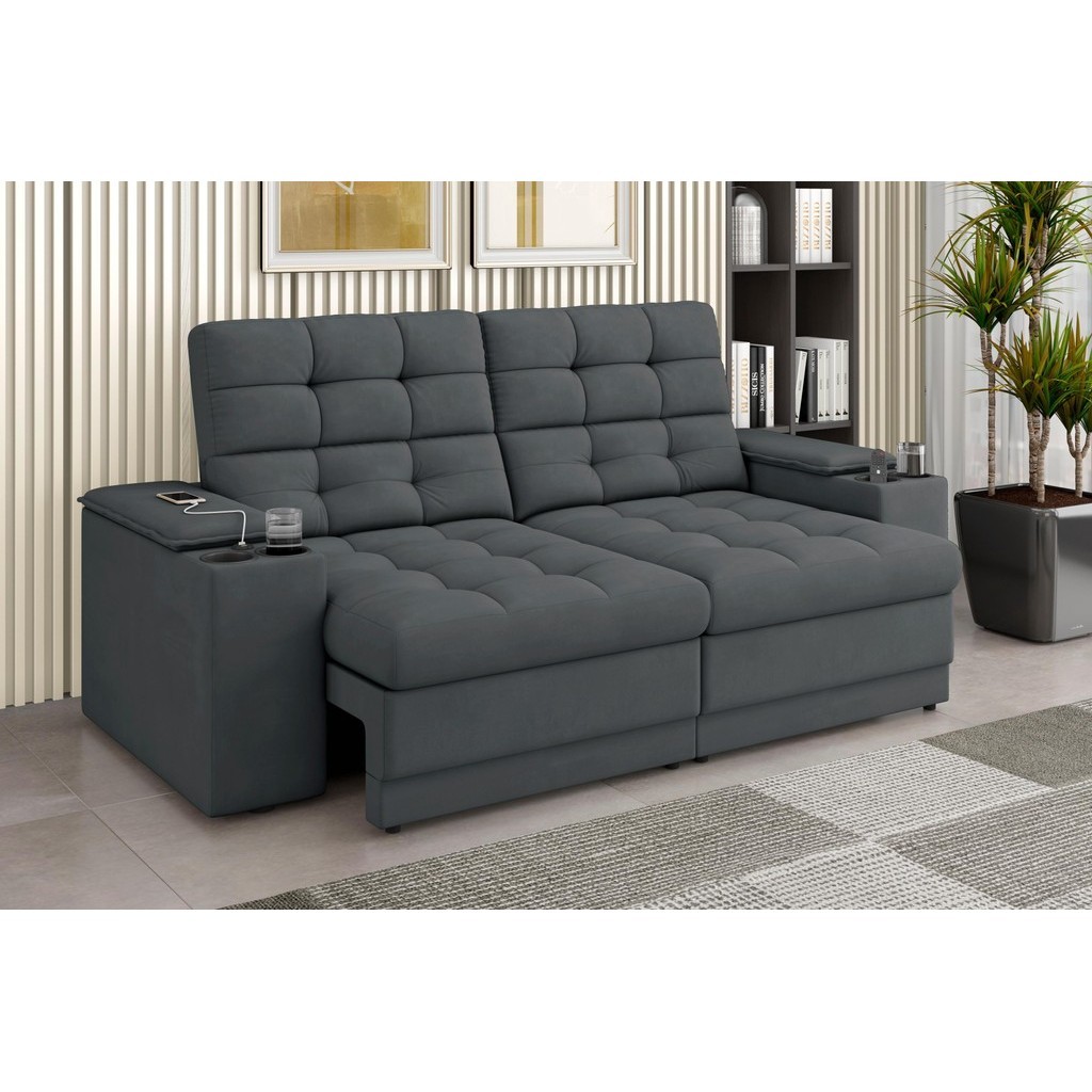 Sofá Confort Premium 1,70m Assento Retrátil/Reclinável porta copos e USB Suede Cinza - XFlex Sofas