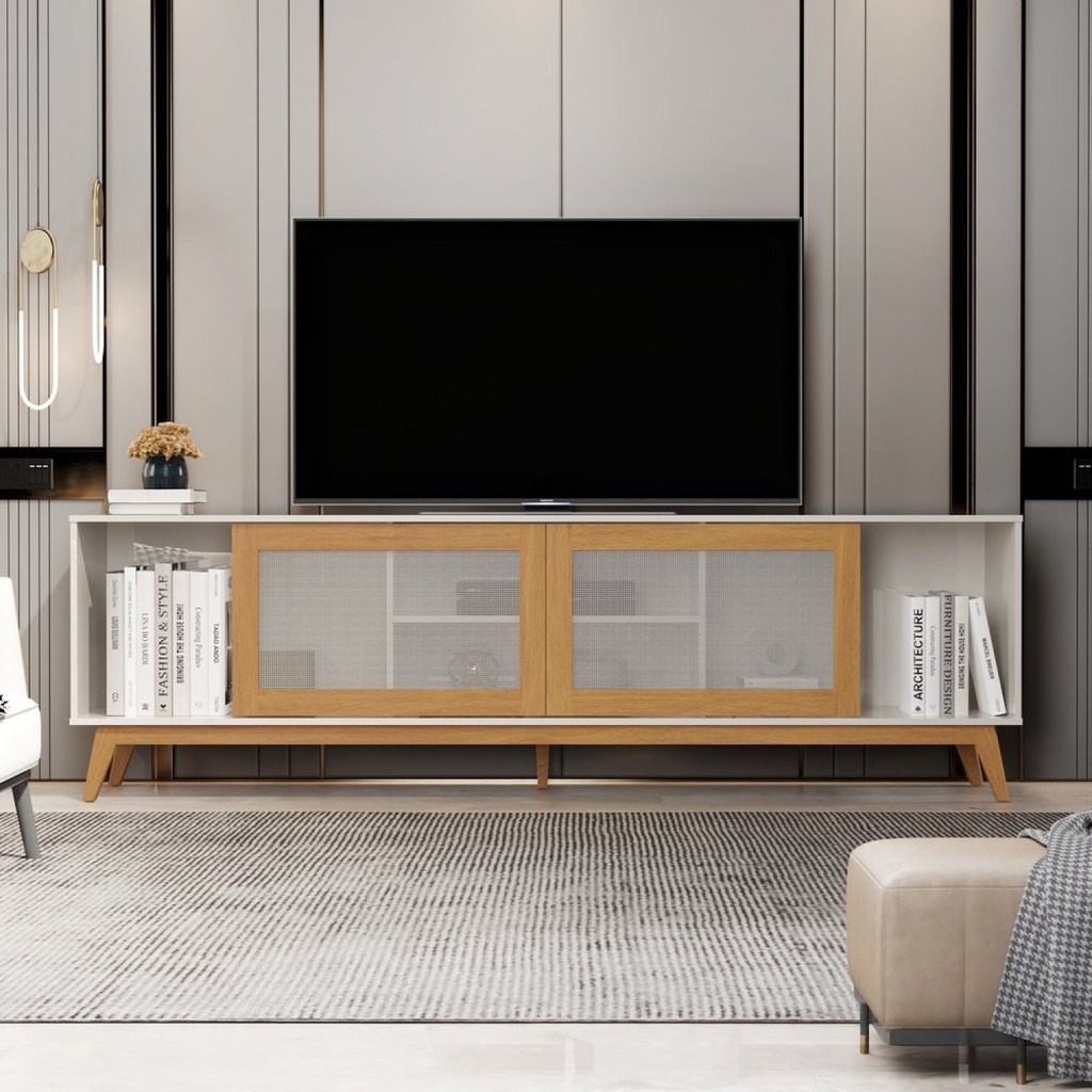 Rack para TV até 75 Polegadas Pés em Madeira Maciça 218cm Denver Yescasa Off White/Nature - Home & Living