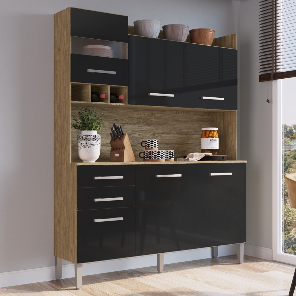 Armário de Cozinha 6 Portas e 2 Gavetas  Wood/Preto em Oferta na Shopee