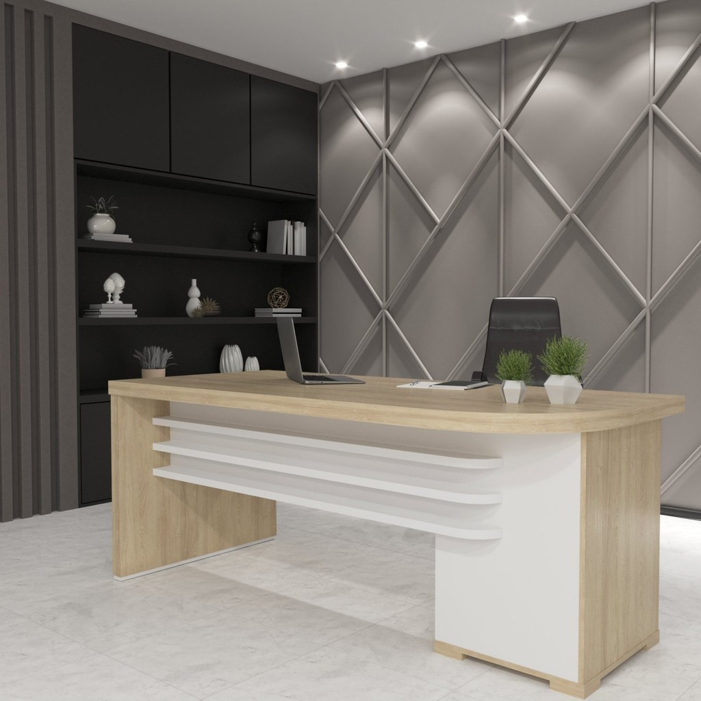 Mesa Executiva para Escritório em Tamburato 4 Gavetas Elegante e Funcional Carvalho/Branco - Home & Living
