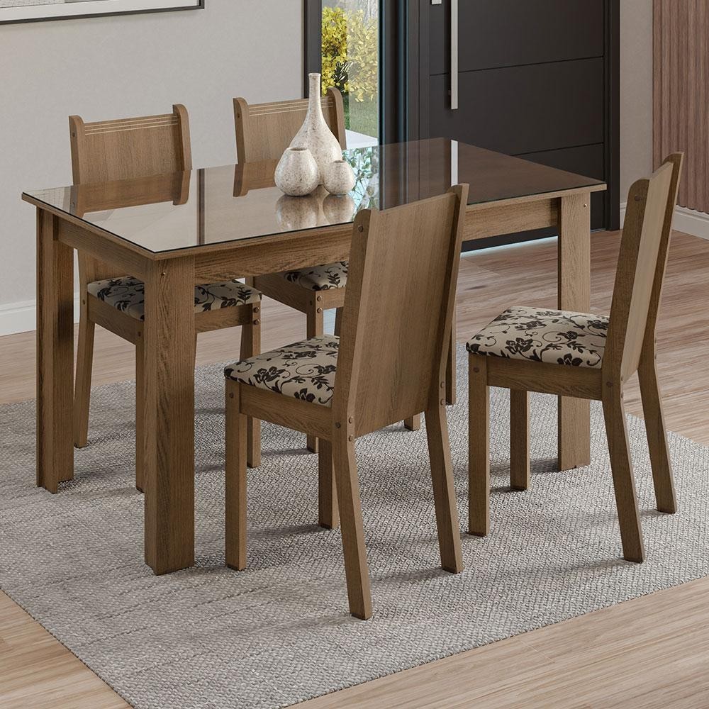 Conjunto Sala de Jantar Mesa Tampo de Vidro 4 Cadeiras Rustic/Bege Marrom Kiara Madesa em Oferta na Shopee
