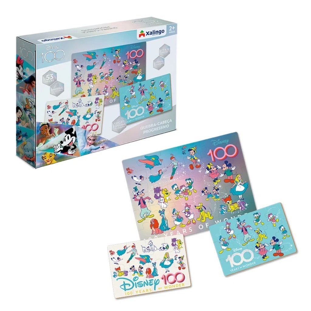Jogo Quebra-Cabeça Progressivo Disney 100 anos Mickey e Minnie 53 Peças para Crianças a Partir de 2 Anos Xalingo - 13232 - Mom & Baby