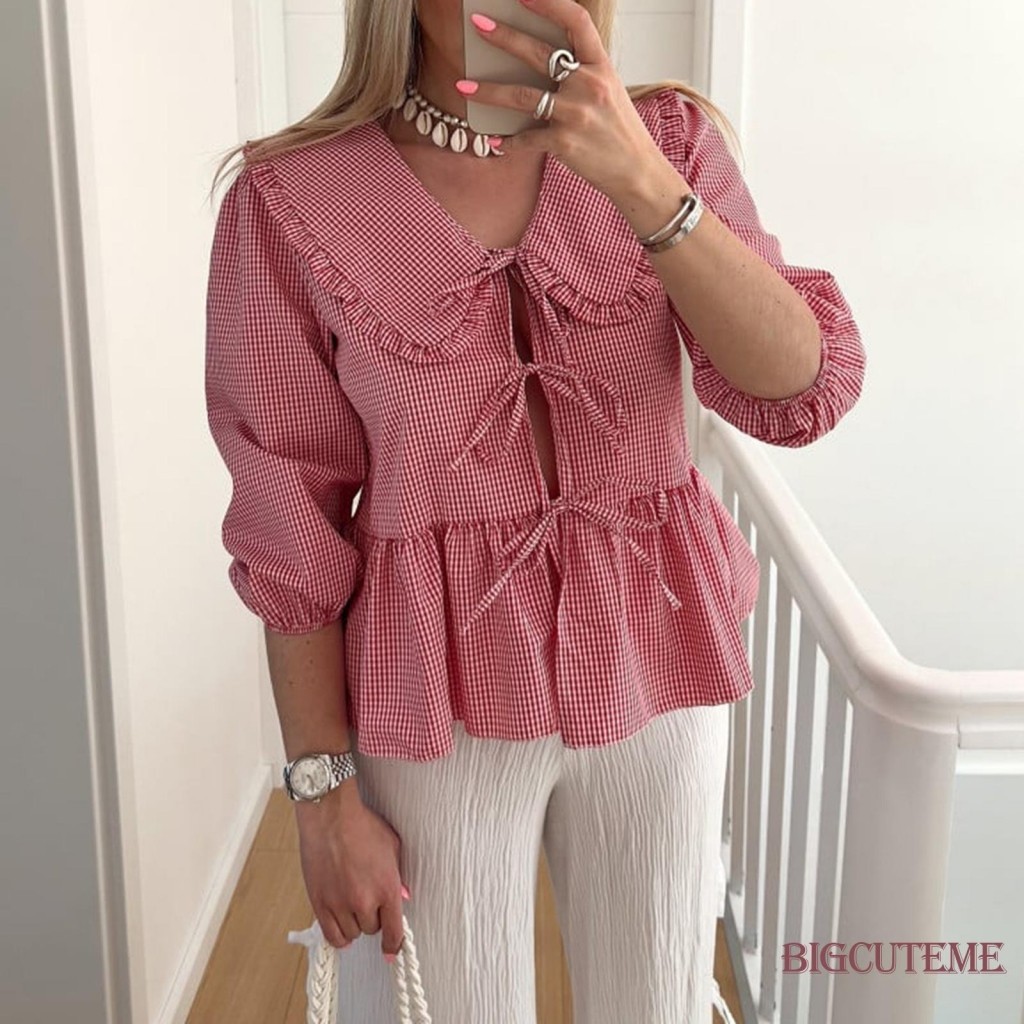 [Blusa Elegante Meia Manga Colarinho De Boneca Camisa De Verão Em Laço Liso Para Casual Daily