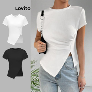 Lovito Elegante Lisa Camiseta Feminina Plissada com Fenda L65ED029 (Branca)