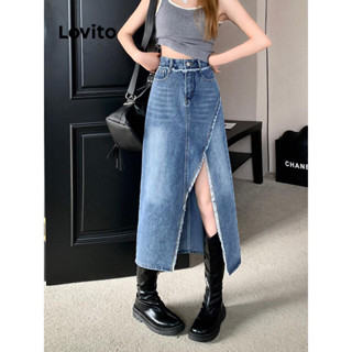 Lovito Saias Jeans Casuais Com Divisão Frontal Lisa E Bolso Lavado Para Mulheres LNE48379