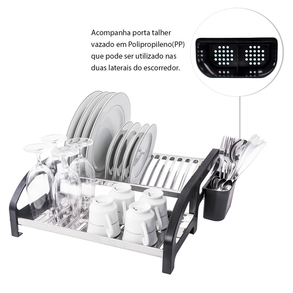 Escorredor de Louça 16 Pratos Preto em aço Inox Cama com Porta Talheres Pia Cozinha Organizadora