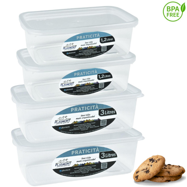 Kit 4 Potes Transparente 1,2 L E 3,0 L Presidio Retangular em Oferta na Shopee
