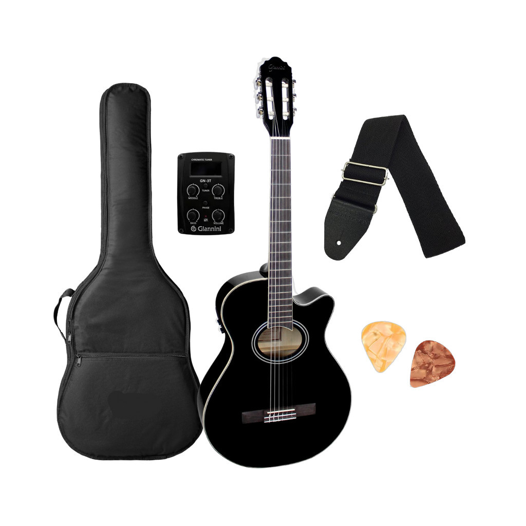 Violão Giannini Eletrico Nylon GNF-1D BK  Preto Brilhante Adulto Mini Jumbo + Acessórios