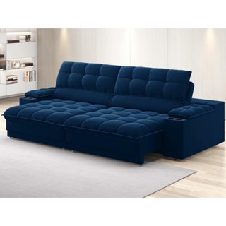 Sofá com Porta Copos e Carregador USB Ret Rec Luke 2,30m Veludocristal Azul Marinho - NETSOFAS em Oferta na Shopee