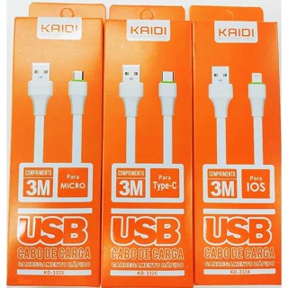 Cabo Carregador 3m Kaidi Para Android ,TypeC, IOS KD-332A / 332S / 332C em Oferta na Shopee