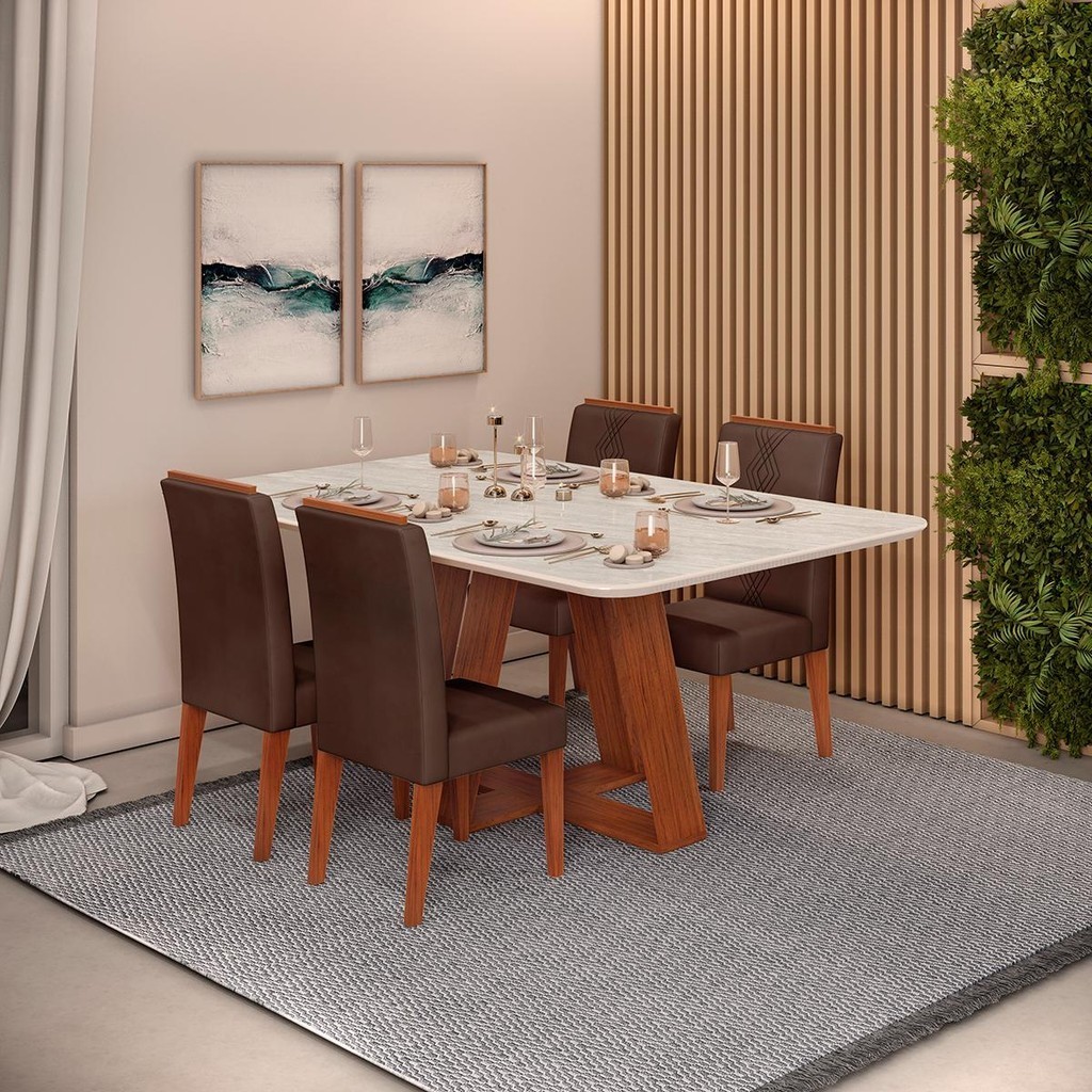 Conjunto Sala Jantar 4 Cadeiras Tampo Sem Vidro 170x90 DJ Móveis Kiara Freijó Quartzo Yasmin Moca em Oferta na Shopee