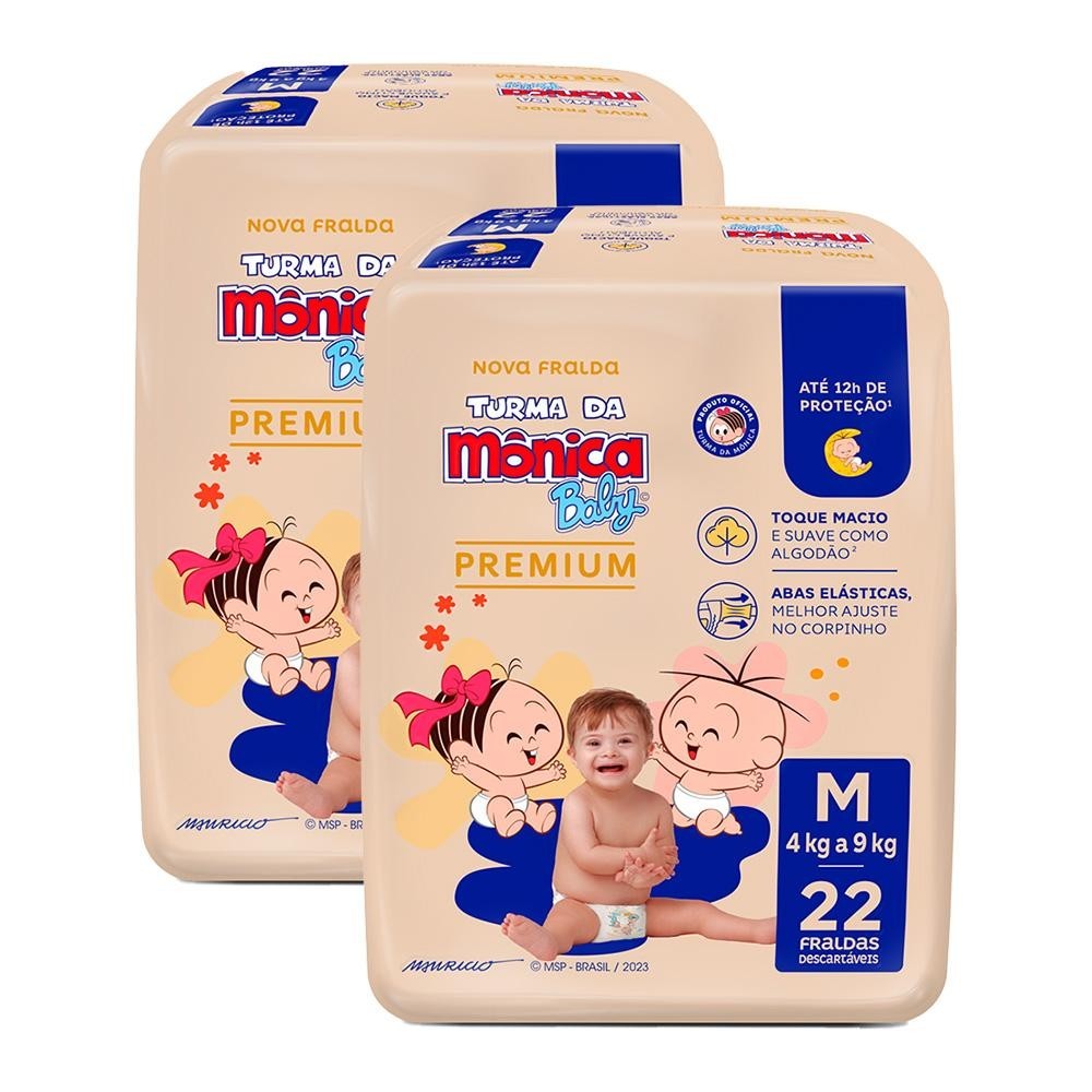 Kit 2 Fralda Turma da Mônica Baby Premium Jumbo M com 22un cada - Mom & Baby