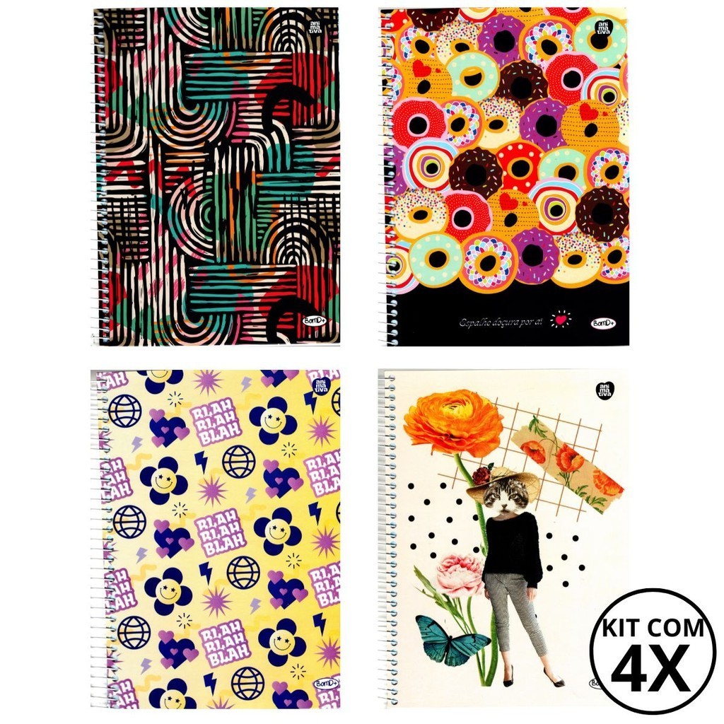 Kit Com 04 Caderno 10 Matérias Feminino 160 Folhas Cada Estampas Diferentes - Animativa em Oferta na Shopee