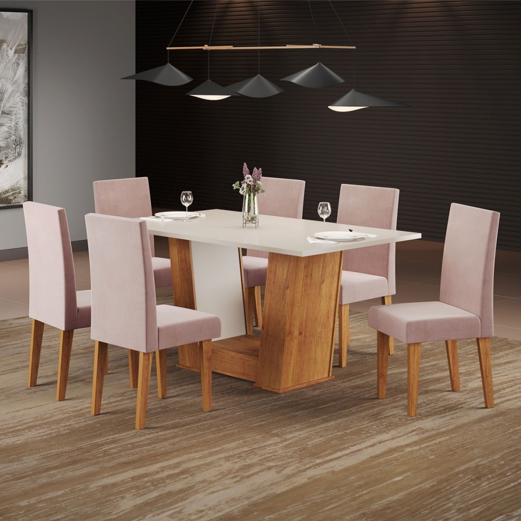 Mesa de Jantar 6 Lugares Venus Mel/Blonde/Veludo/Rosa - Viero Móveis em Oferta na Shopee