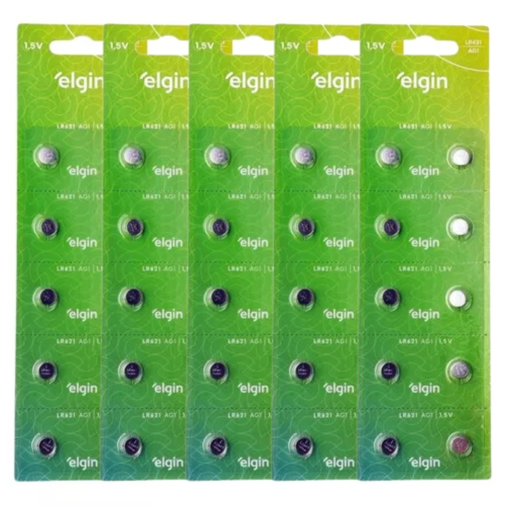50 Baterias Pilha Alcalina Lr621 1,5v 5 Blisters Elgin