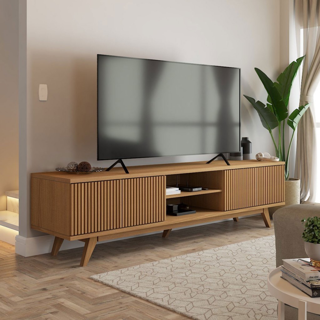 Rack para TV Até 75 Polegadas Silver 4 Portas 1 Prateleira Ripado Cinamomo - Panorama Móveis em Oferta na Shopee