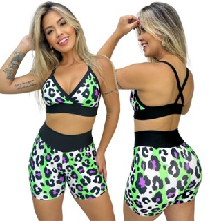 Conjunto Short e Top Fitness Academia Cós Alto Estampado em Oferta na Shopee