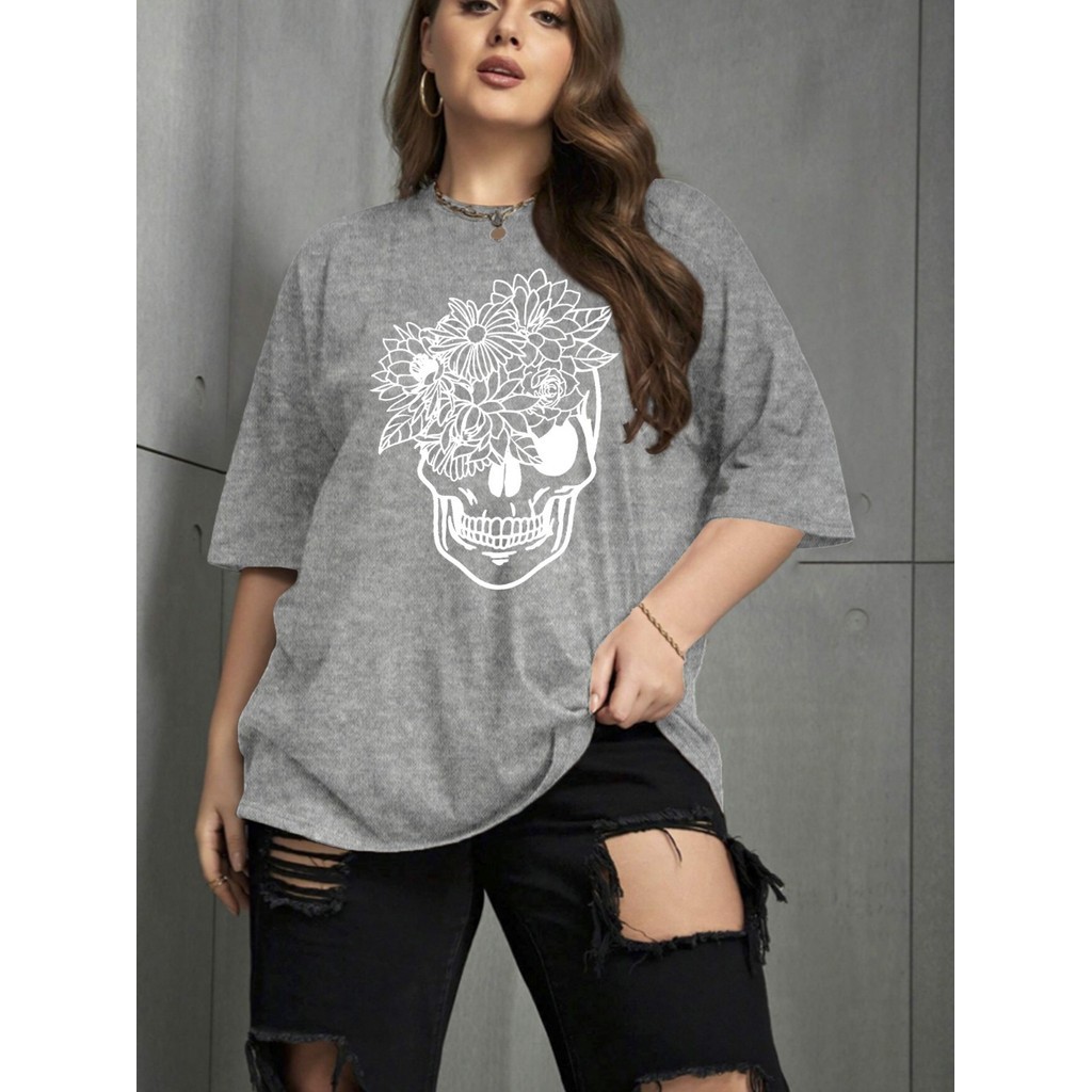 Camiseta Old School Oversized Aesthetic Confortável Estilosa Estampa Caveira Flores Buquê T Shirt