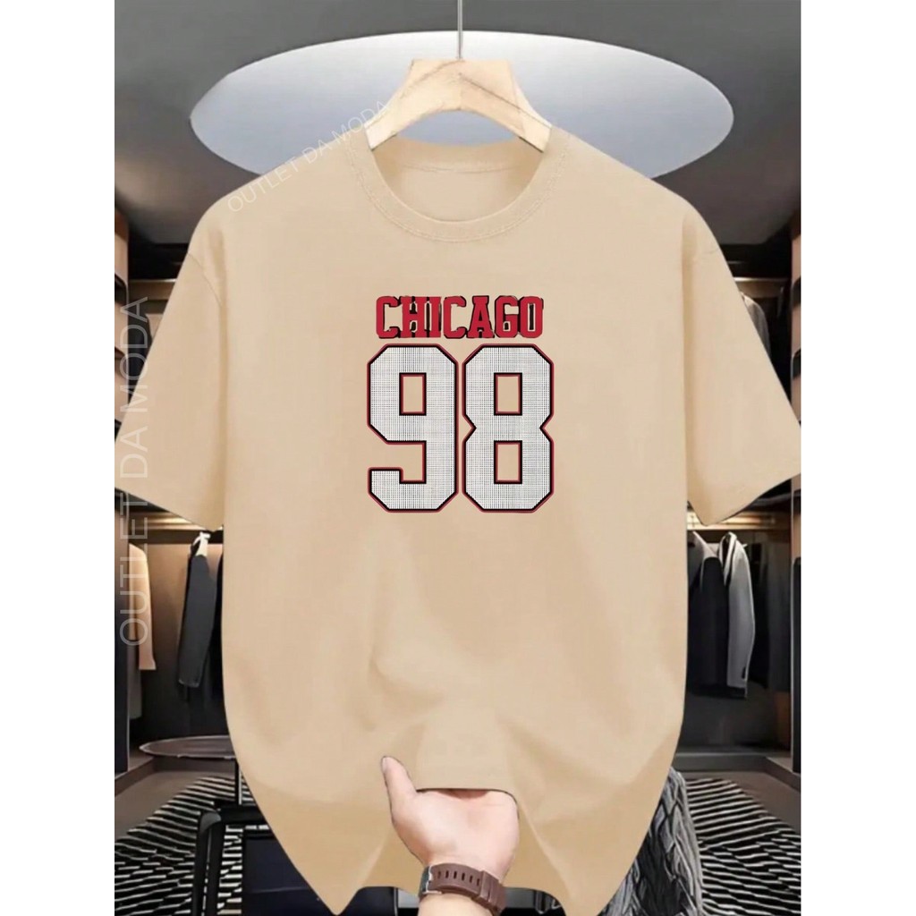 Camiseta Unissex Oversized Plus Size Feminina Masculina Estampada CHICAGO 98 Camisa Estampada 100% algodão Malha 30.1