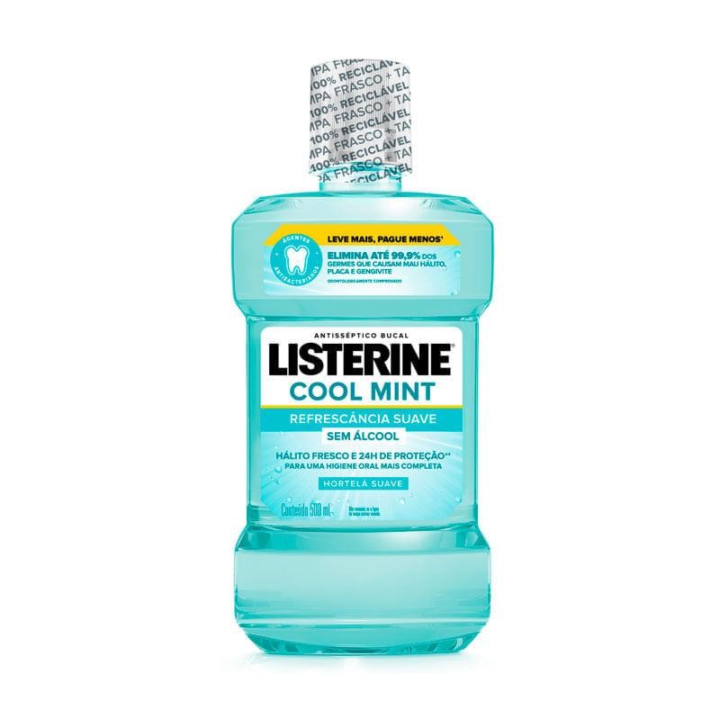 Antisséptico Bucal Listerine Cool Mint Refrescância Suave 500ml em Oferta na Shopee