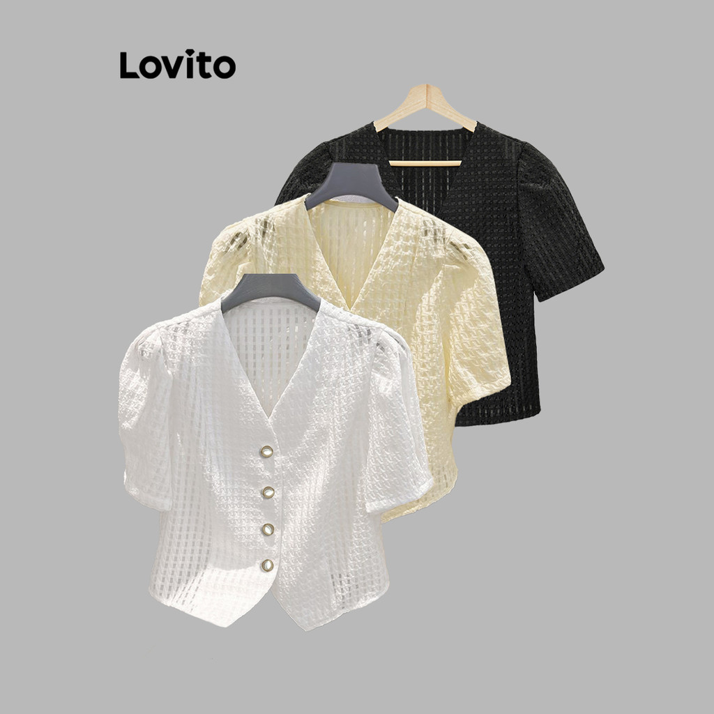 (Trendy) Lovito Blusa Casual Blusa Lisa Com Botões Para Mulheres LNL37095 (Multicolorido) - Women Clothes