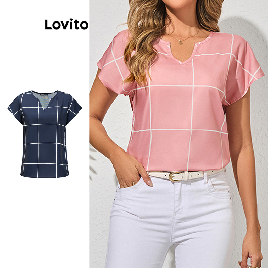 Lovito Blusa elegante com padrão guingão para mulheres LBL16210(Multicolorido) - Women Clothes