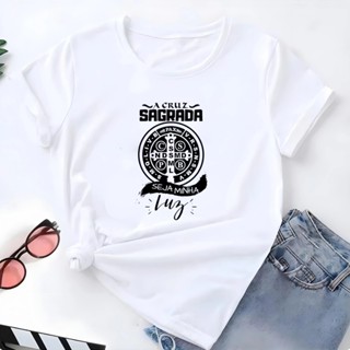 Blusa T-shirt Linda Camiseta Feminina Medalha De Sao Bento A Cruz Sagrada Camisa em Oferta na Shopee